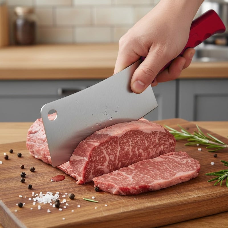 Kitchen master ساطور لحم ستانلس ستيل 7 إنش (أحمر) - جاهز لقطع اللحم النيء - Image 4